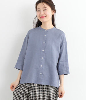 14番手リネン バンドカラー七分袖ブラウス(ダスティブルー-ONESIZE)