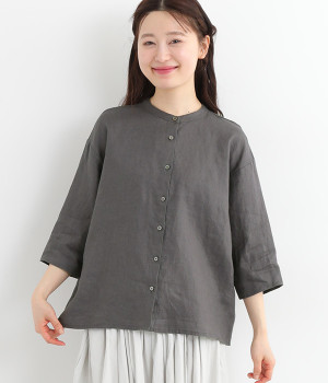14番手リネン バンドカラー七分袖ブラウス(チャコール-ONESIZE)