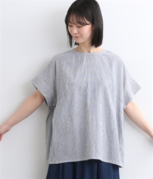 シャ－リングコットンワッシャーワイドプルオーバー(ブルーストライプ-M)