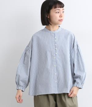 コットンポプリンワッシャーボリュームスリーブシャツ(ストライプブルー-F)
