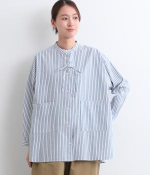 コットンポプリンワッシャー前ストリングオーバーシャツ(ストライプブルー-F)