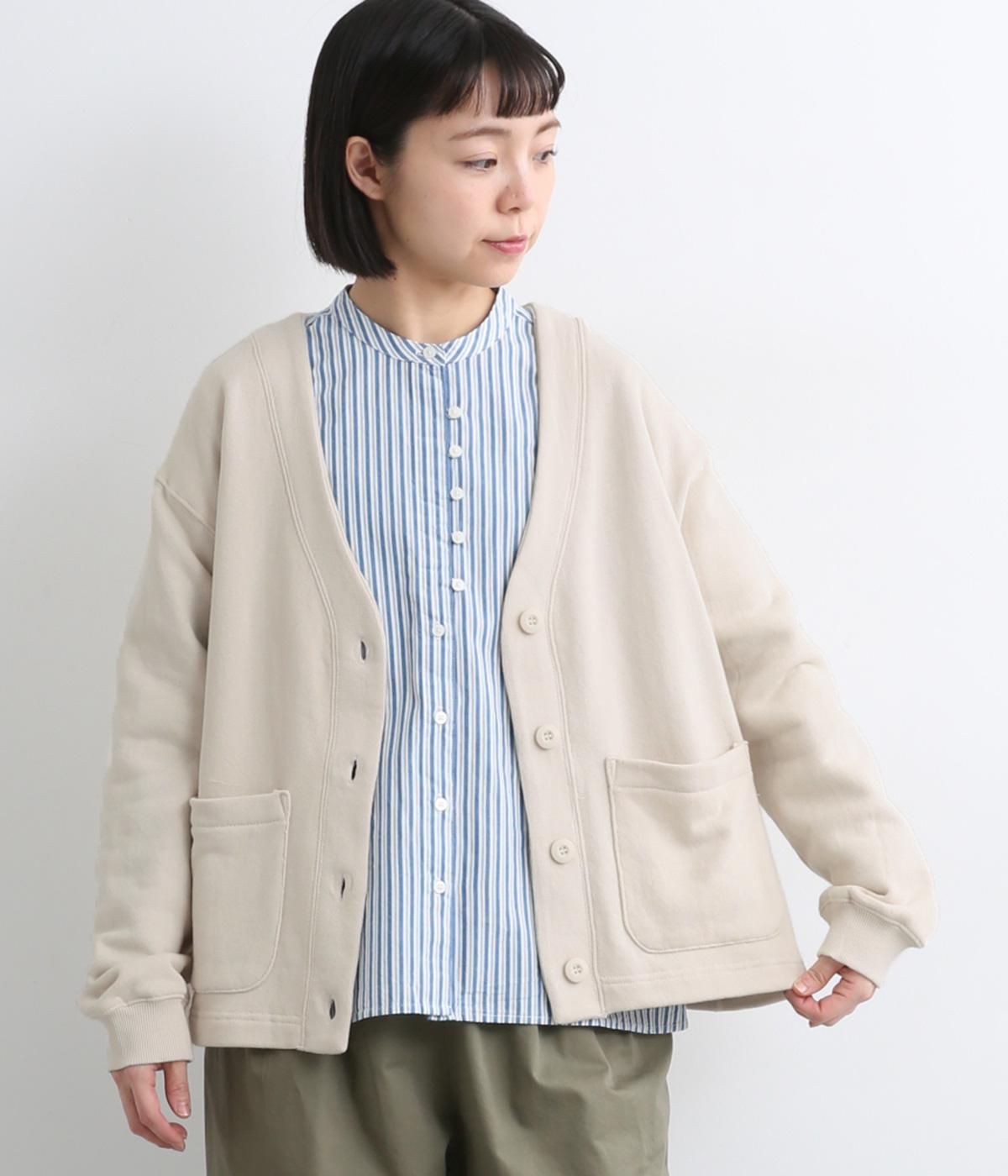 コットンガーゼ裏毛バイカラーVネックカーディガン(アイボリー×アイボリー-F)