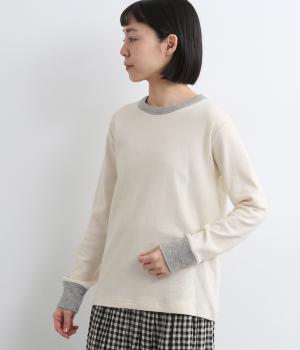コットン接結天竺バイカラー長袖Tシャツ(アイボリー-F)
