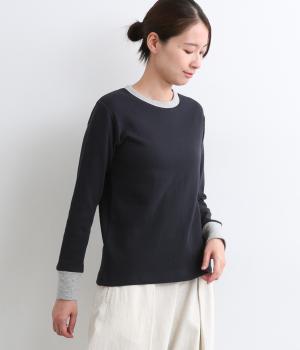 コットン接結天竺バイカラー長袖Tシャツ(ネイビー-F)