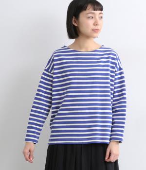 コットンヘビー天竺前後着ボーダーTシャツ(ブルー×オフ-F)
