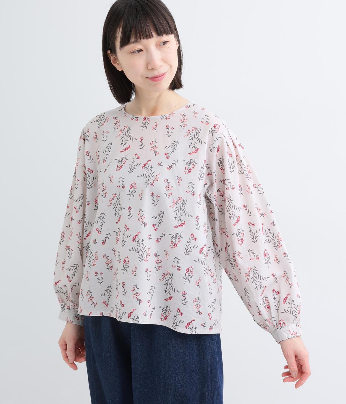 コットンフローラルプリント ボリュームスリーブラウス(ピンク系-F)
