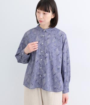 コットンフローラルプリント チビ襟シャツブラウス