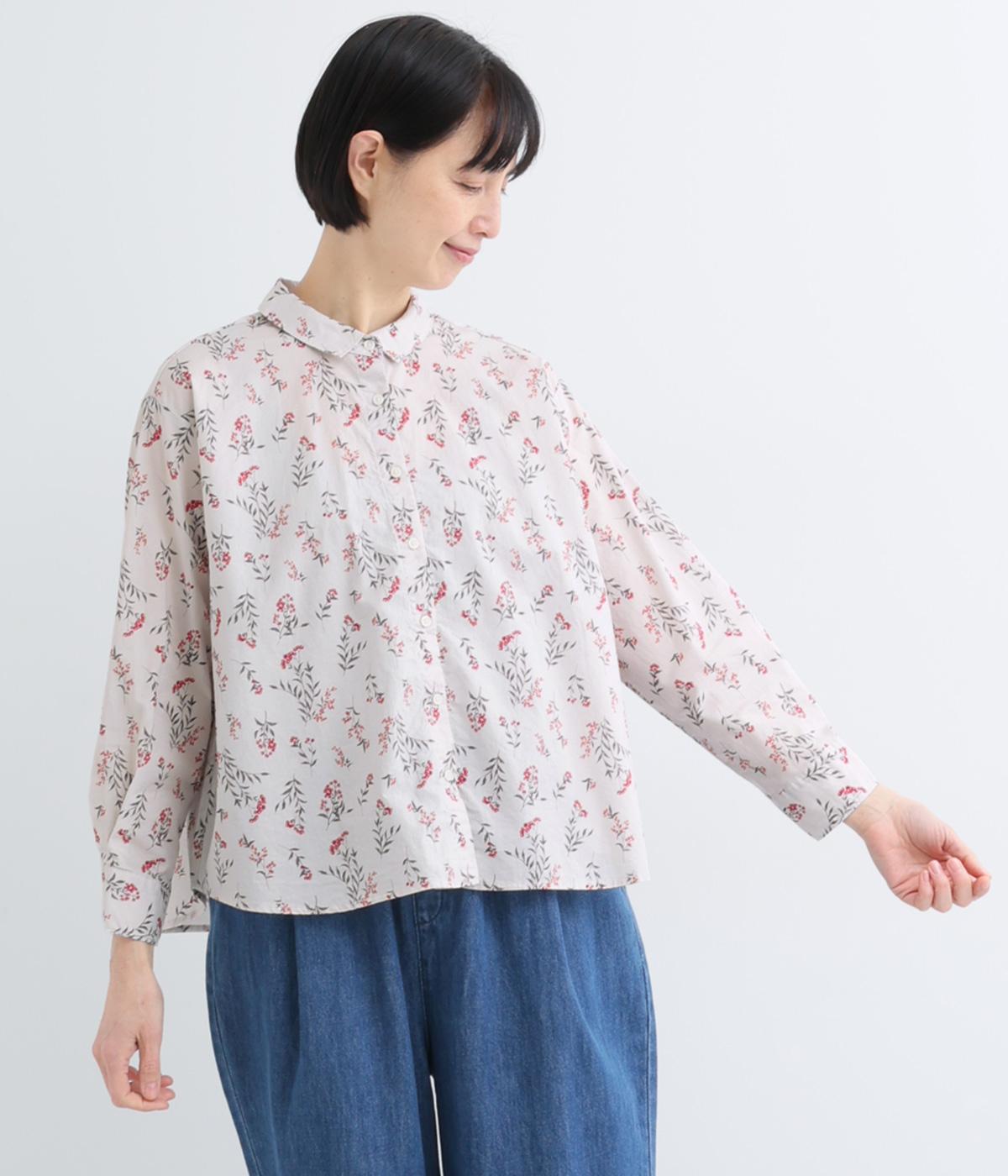 コットンフローラルプリント チビ襟シャツブラウス(ピンク系-F)