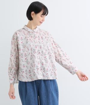 コットンフローラルプリント チビ襟シャツブラウス(ピンク系-F)