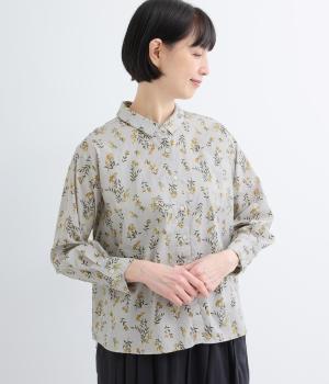 コットンフローラルプリント チビ襟シャツブラウス(イエロー系-F)