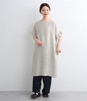 14番手リネン袖フリルチュニックワンピース(麻ベージュ-M)