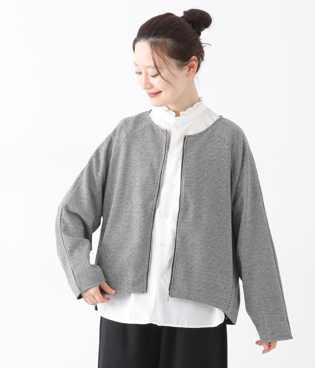 ダブルジャカードノーカラーZIPブルゾン(千鳥ブラック-F)