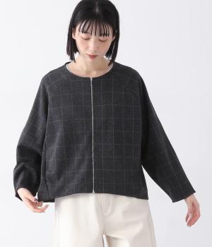 ダブルジャカードノーカラーZIPブルゾン(ウインドペンチャコール-F)