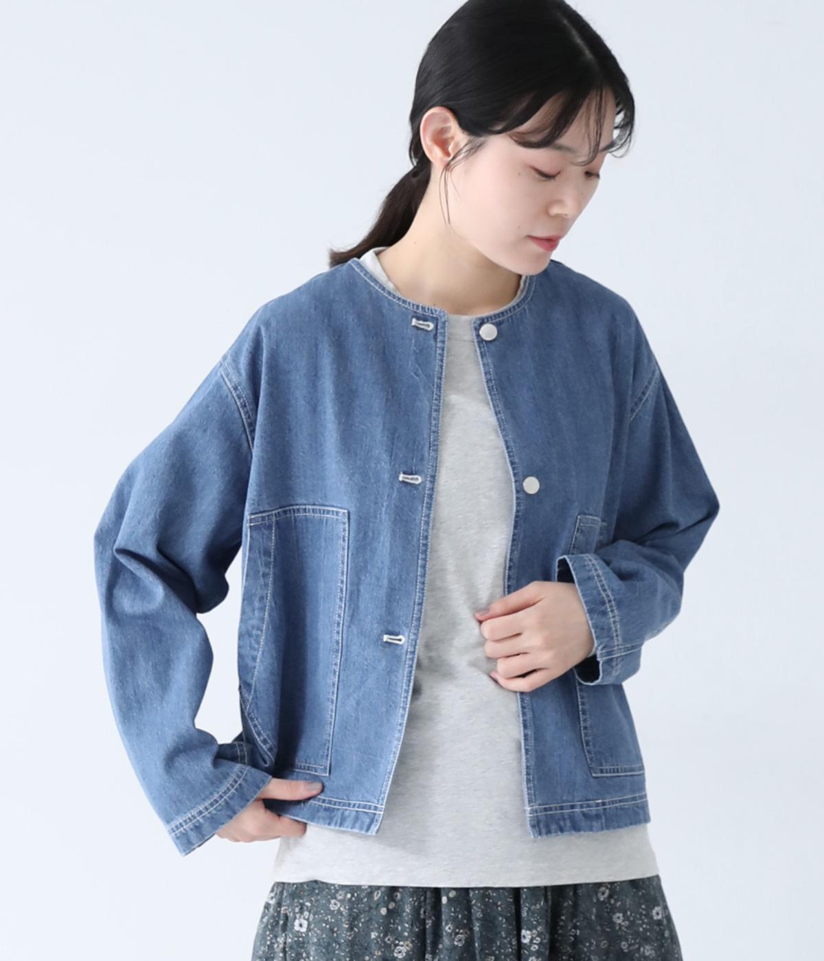 コットン9OZデニムノーカラージャケット(ライトブルー-F)