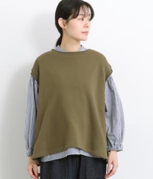 ガーゼ裏毛ロールネックワイドベスト(カーキ-F)