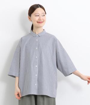 コットンワッシャー7分袖オーバーシャツ(ストラプブルー-F)