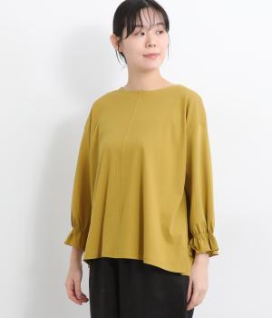強撚シルケットスムース袖口フリル8分袖プルオーバー(マスタード-F)