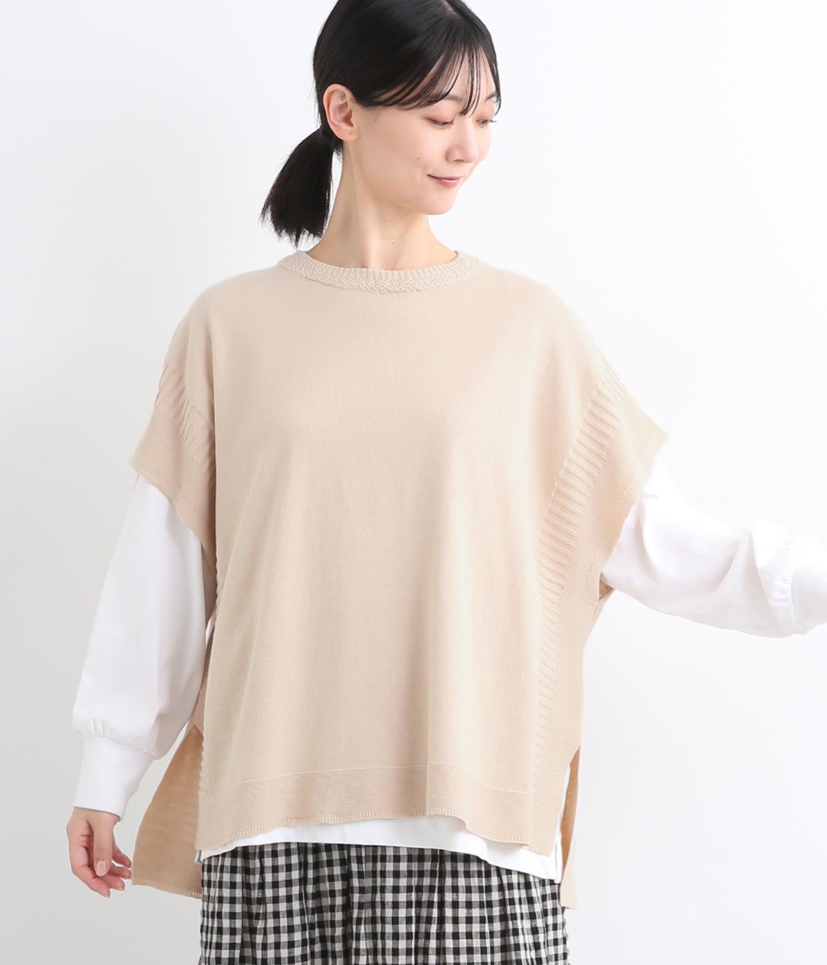 コットンニットサイドスリットワイドベスト(ベージュ-F)