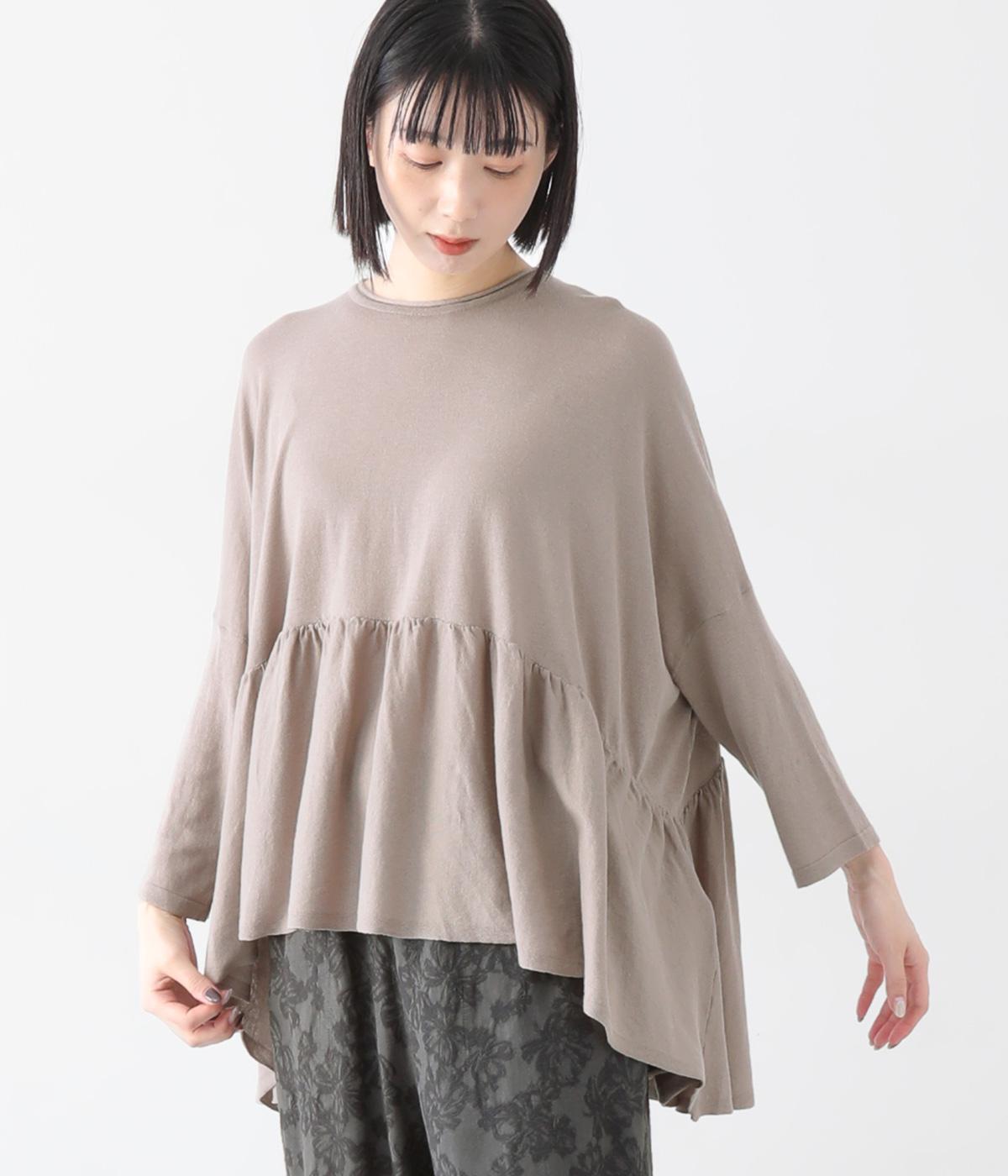 コットンニットペプラム切替ワイドプルオーバー(グレージュ-F)