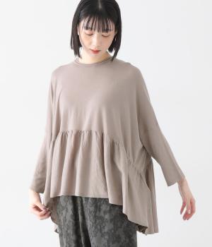 コットンニットペプラム切替ワイドプルオーバー(グレージュ-F)