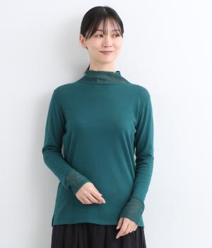 コットン14Gニット透かし編みハイネックセーター(グリーン-F)