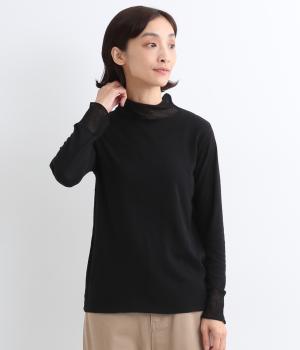 コットン14Gニット透かし編みハイネックセーター(ブラック-F)