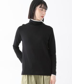 コットン14Gニットバイカラータートルネックセーター(ブラック-F)