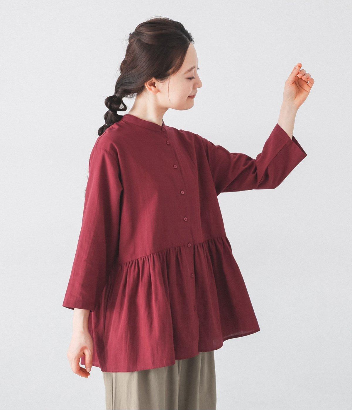 ナチュラルワッシャー7分袖ペプラムブラウス(レッド-F)