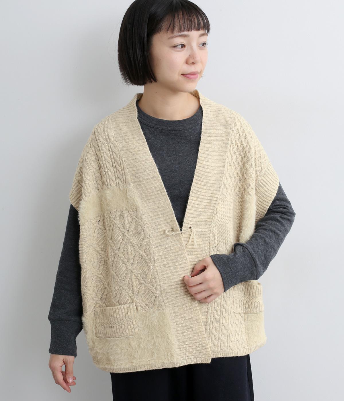 ニットピン付きパッチワークベスト(オートミール-F)