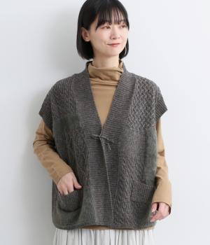 ニットピン付きパッチワークベスト(チャコール-F)