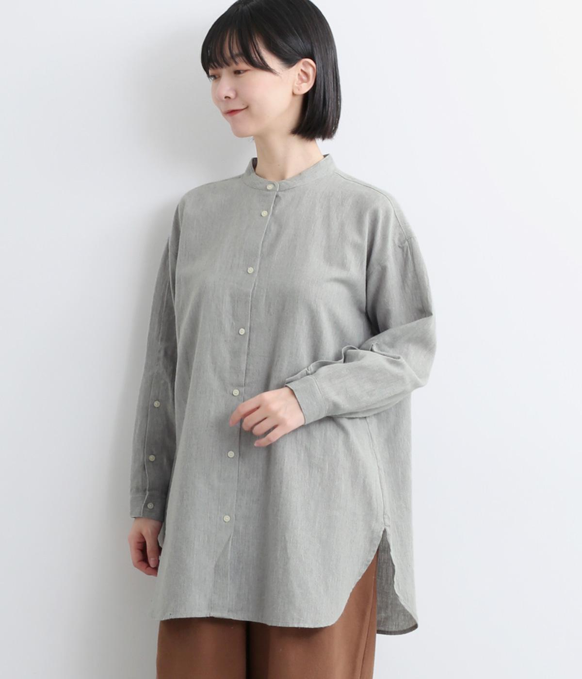コットンリネン起毛袖ボタン開きロングシャツ(ライトグレー-F)