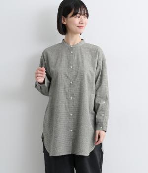 コットンリネン起毛袖ボタン開きロングシャツ(千鳥柄-F)