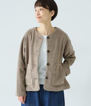 エコウール　ノーカラージャケット(ブラウンチェック-F)