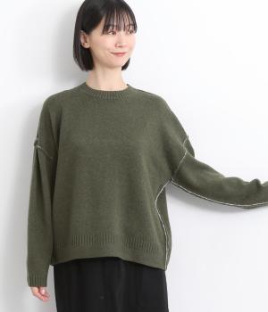 ラムウール　配色リンキングセーター(カーキ-F)
