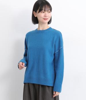 ラムウール　配色リンキングセーター(ブルー-F)