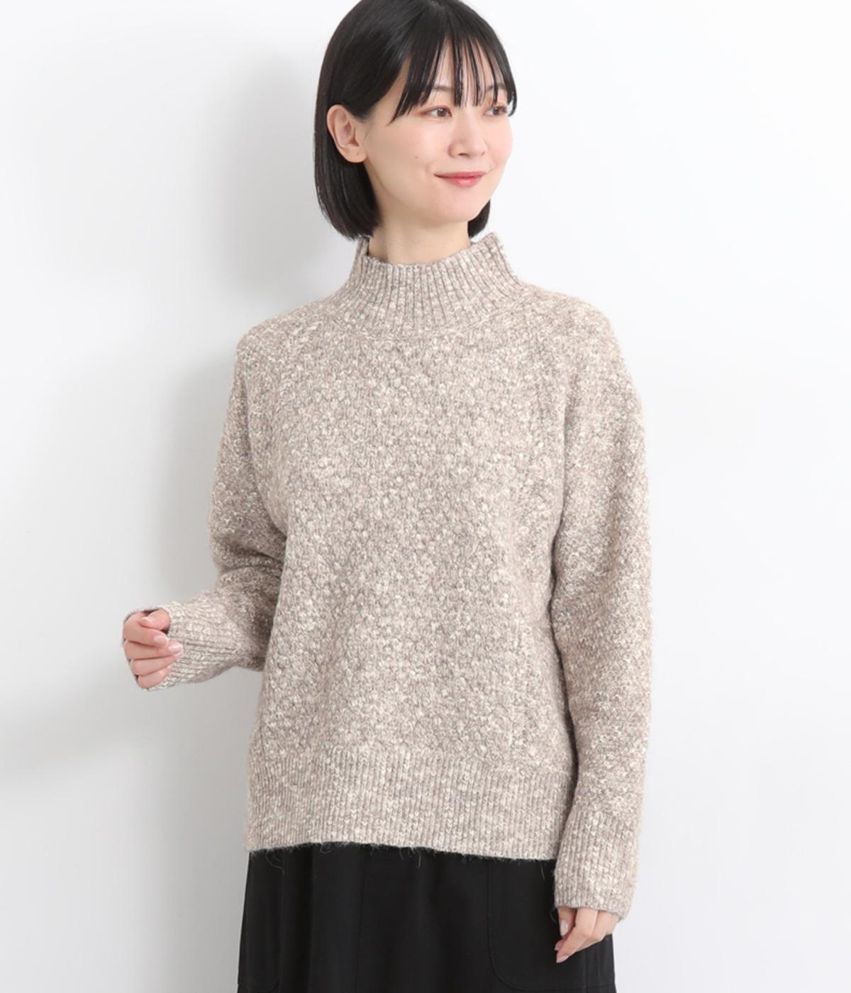 メランジニット　カノコ編みハイネックセーター(ベージュ-F)