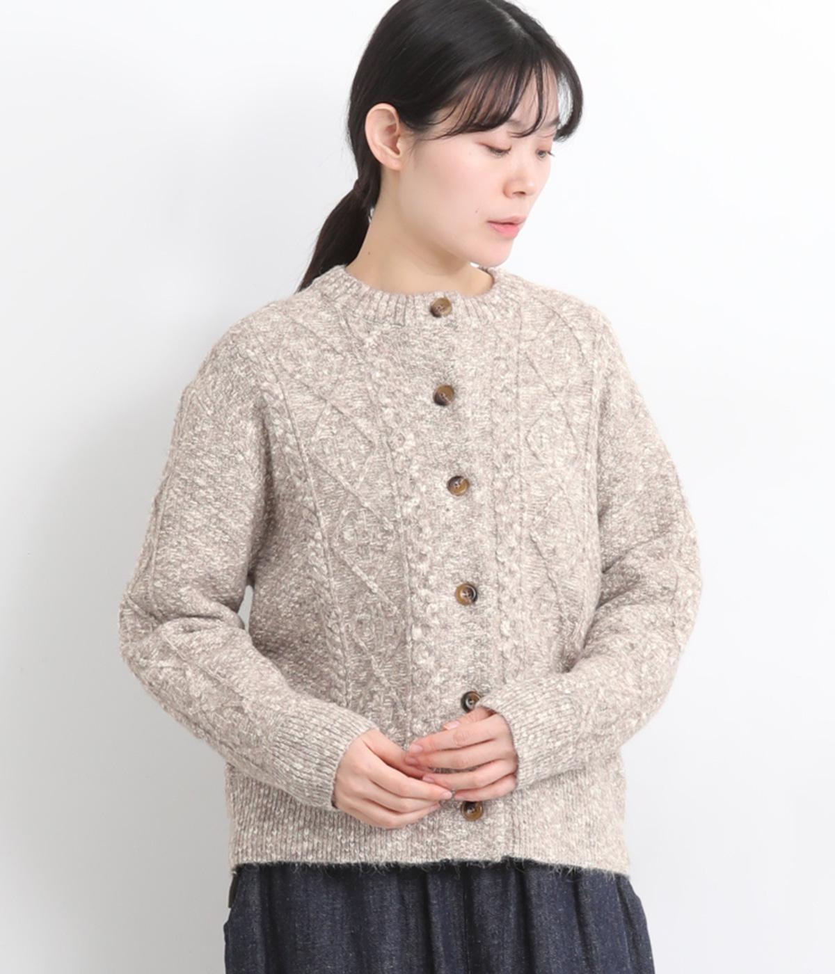 メランジニット　ケーブル編みカーディガン(ベージュ-F)