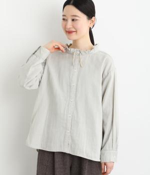 コットンWガーゼ　スタンドギャザー襟ブラウス