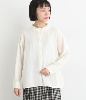 コットンWガーゼ　スタンドギャザー襟ブラウス(オフホワイト-F)