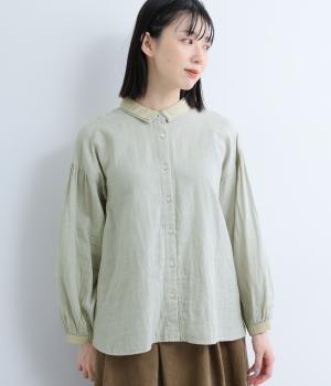 コットンWガーゼ　2枚襟ボリューム袖ブラウス(ライトグリーン-F)