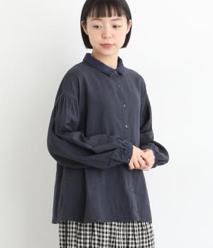 コットンWガーゼ　2枚襟ボリューム袖ブラウス(ネイビー-F)