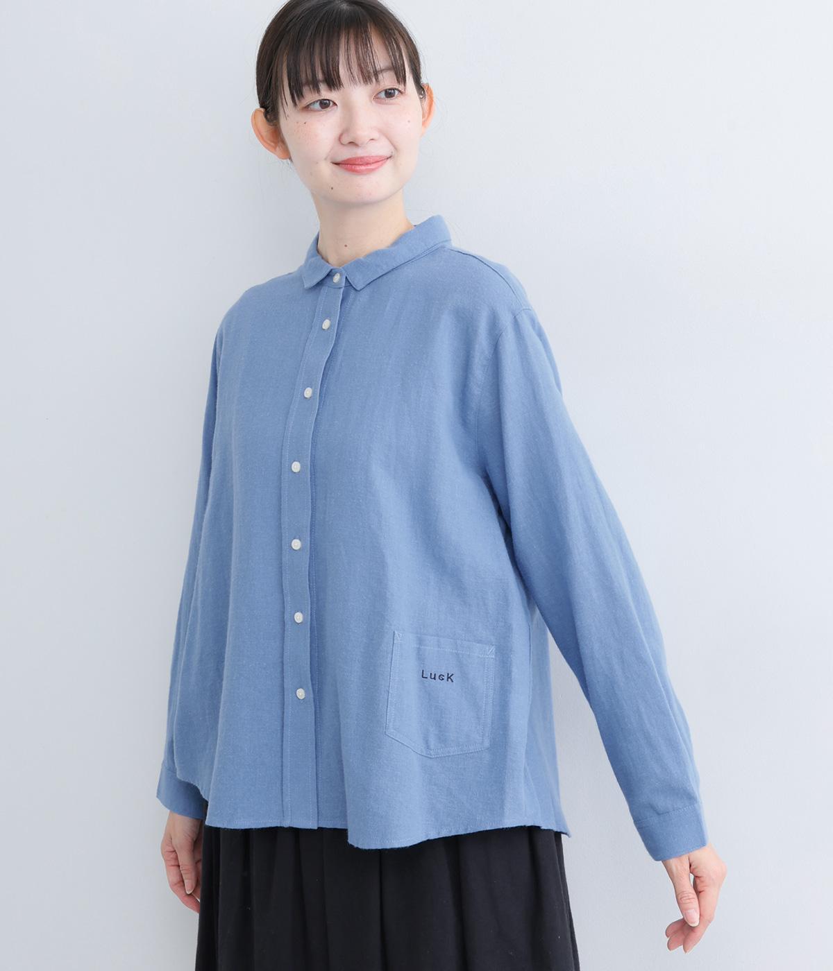 コットンリネン起毛脇ポケット長袖シャツ(ブルー-F)