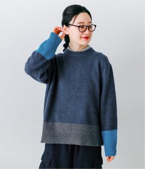 ラムウール配色切替セーター(ネイビー-F)