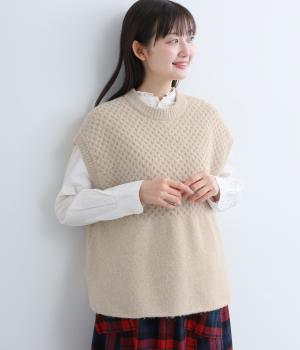 マーセライズウール柄編みベスト(ベージュ-F)