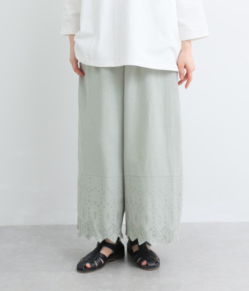 コットンリネンスカラップ刺繍9分丈ワイドパンツ