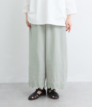 コットンリネンスカラップ刺繍9分丈ワイドパンツ