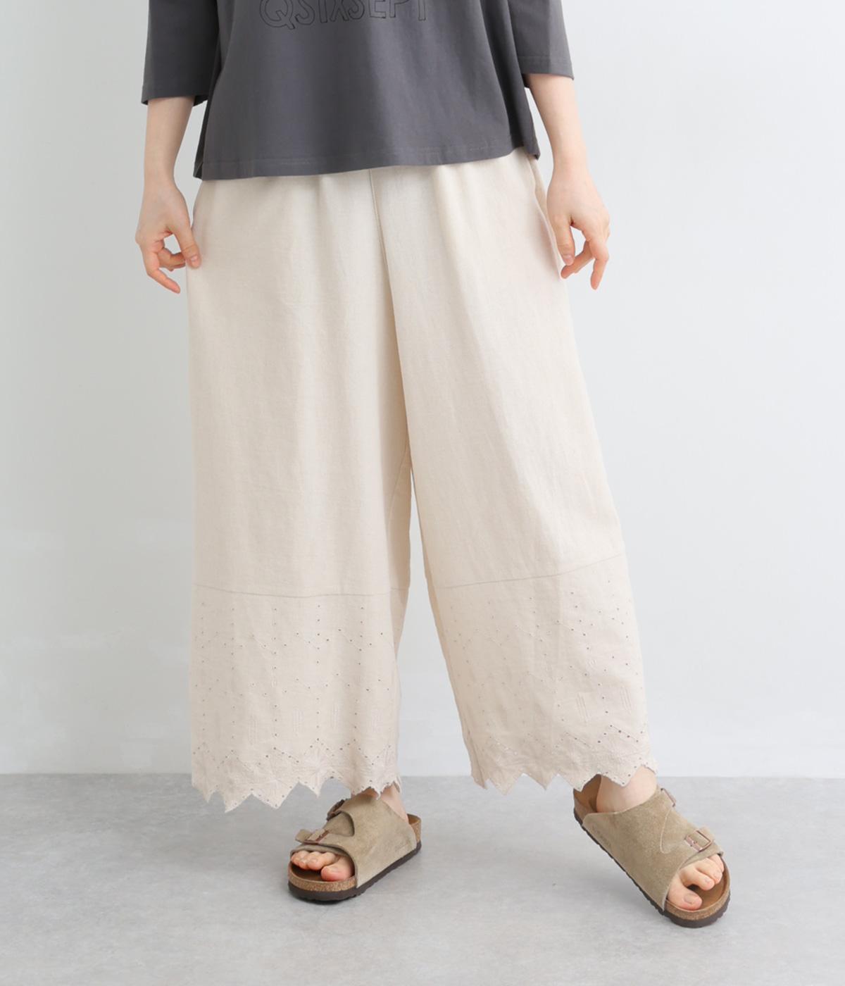 コットンリネンスカラップ刺繍9分丈ワイドパンツ(リネンベージュ-M)