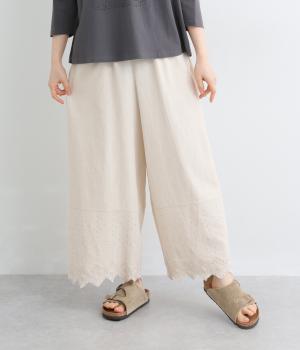 コットンリネンスカラップ刺繍9分丈ワイドパンツ(リネンベージュ-M)