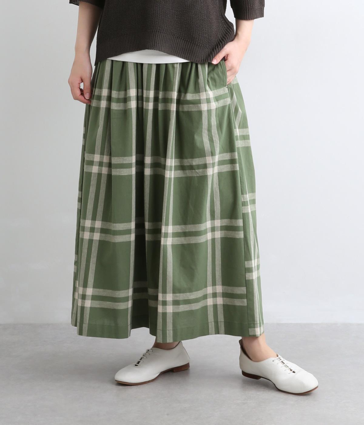 コットンリネンチェック　ウエストゴムタックスカート　裏地付き(グリーンチェック-M)