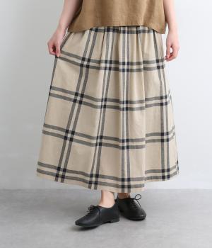 コットンリネンチェック　ウエストゴムタックスカート　裏地付き(ネイビーチェック-M)